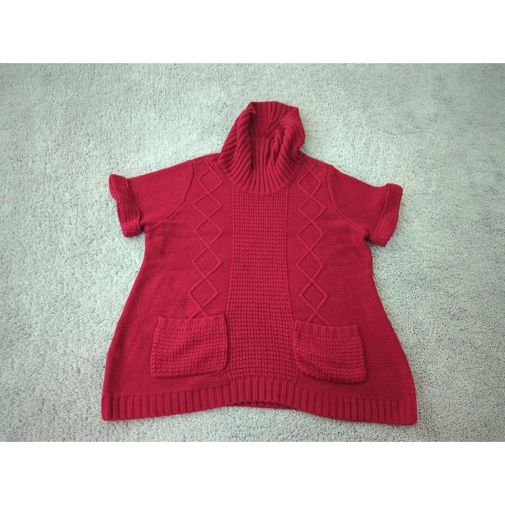Dressbarn Sweater Top Womens 2X PLUS Red Short‎ Sleeve Roll Neck Patched Pockets
